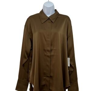 Good American Womens Size 3/4 Button Front Blouse Brown Long Sleeve Stretch NWT